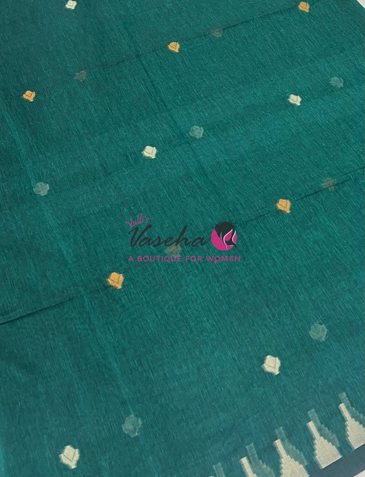 Bengal Kaddhi Cotton Saree | VVBKC001 |Ramar Greenish Blue