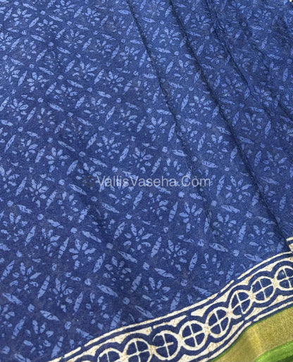 Semi Maheshwari Mixed Cotton Saree - Linen Feel - Indigo Blue & Green - VVMSC003