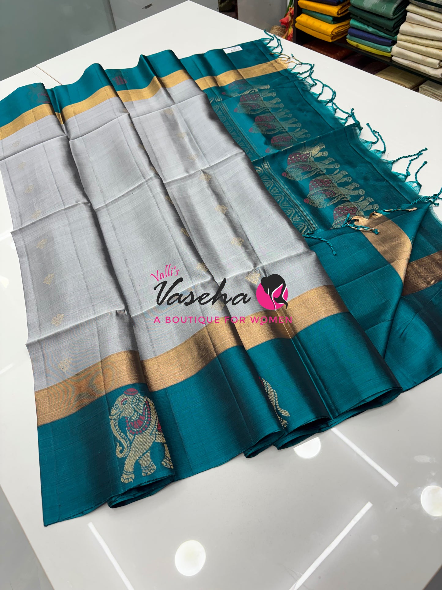 Half Mixed Soft Silk Saree - Grey & Blue - VVPSS028