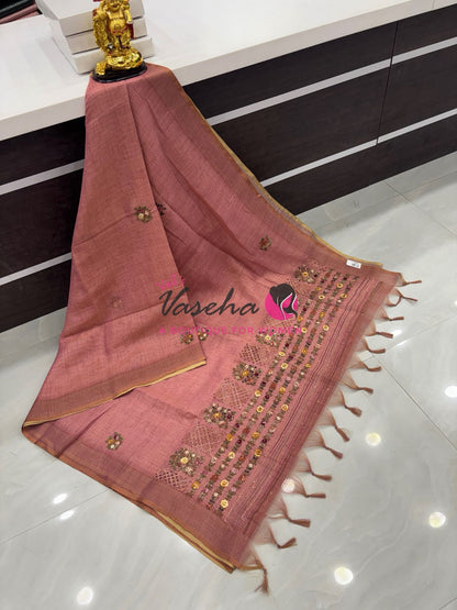 French Knot - Linen Tissue Saree - Pink Shade - VVLFN017