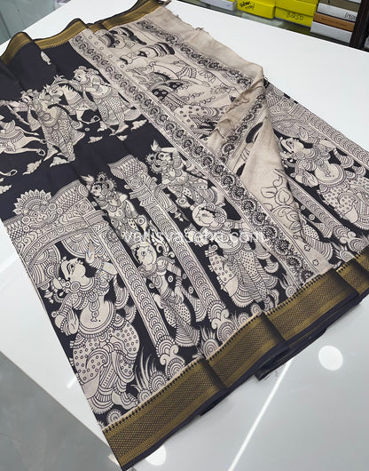 Chennur Silk | Kalamkari Prints |  Black With White  -VVCS005
