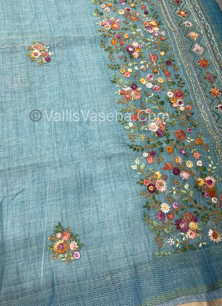 French Knot - Linen Tissue Saree - Blue Shade - Heavy Work Blouse - VVLFN012