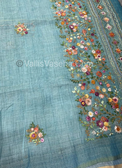 French Knot - Linen Tissue Saree - Blue Shade - Heavy Work Blouse - VVLFN012