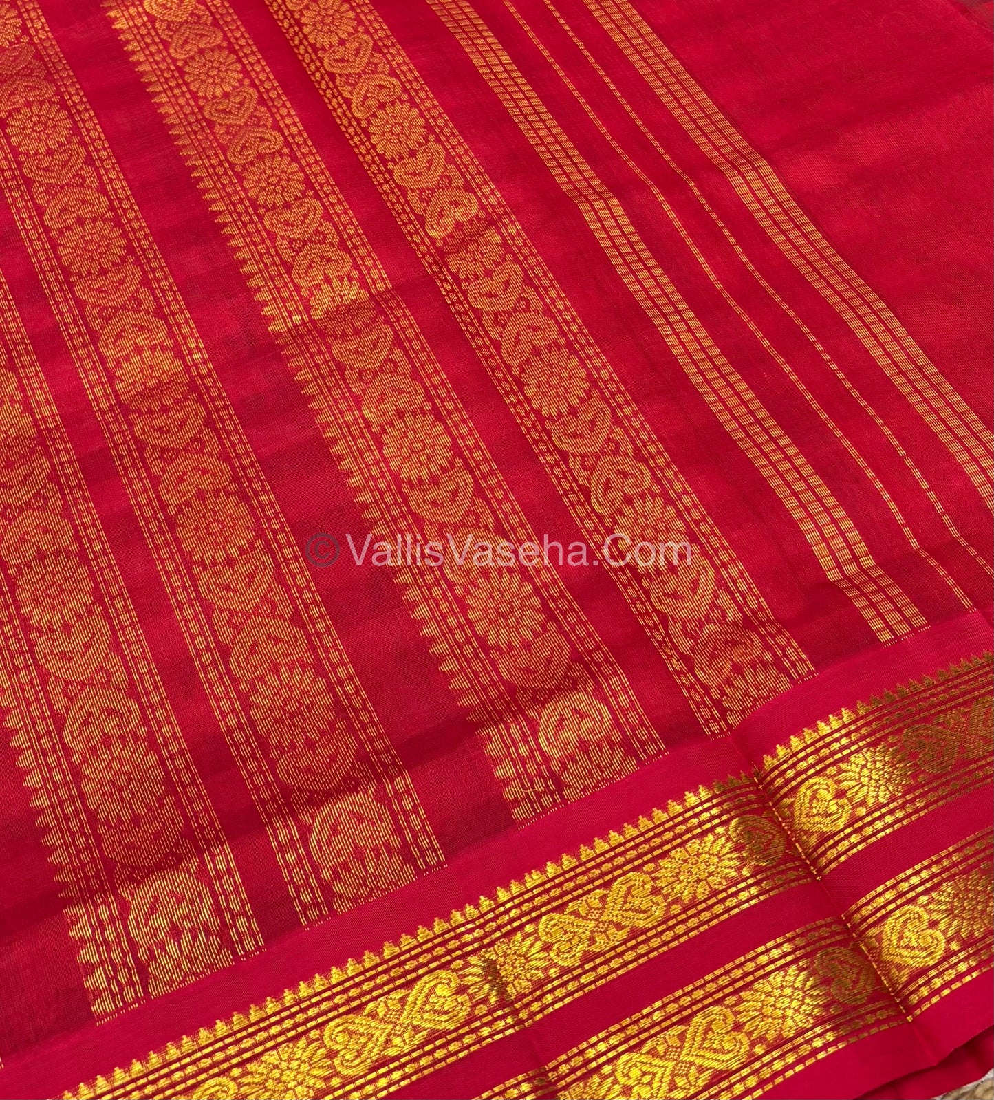 Pure Korvai Silk Cotton With Retta Petta Border - White & Blue kattam pattern with Red   - VVKSC003