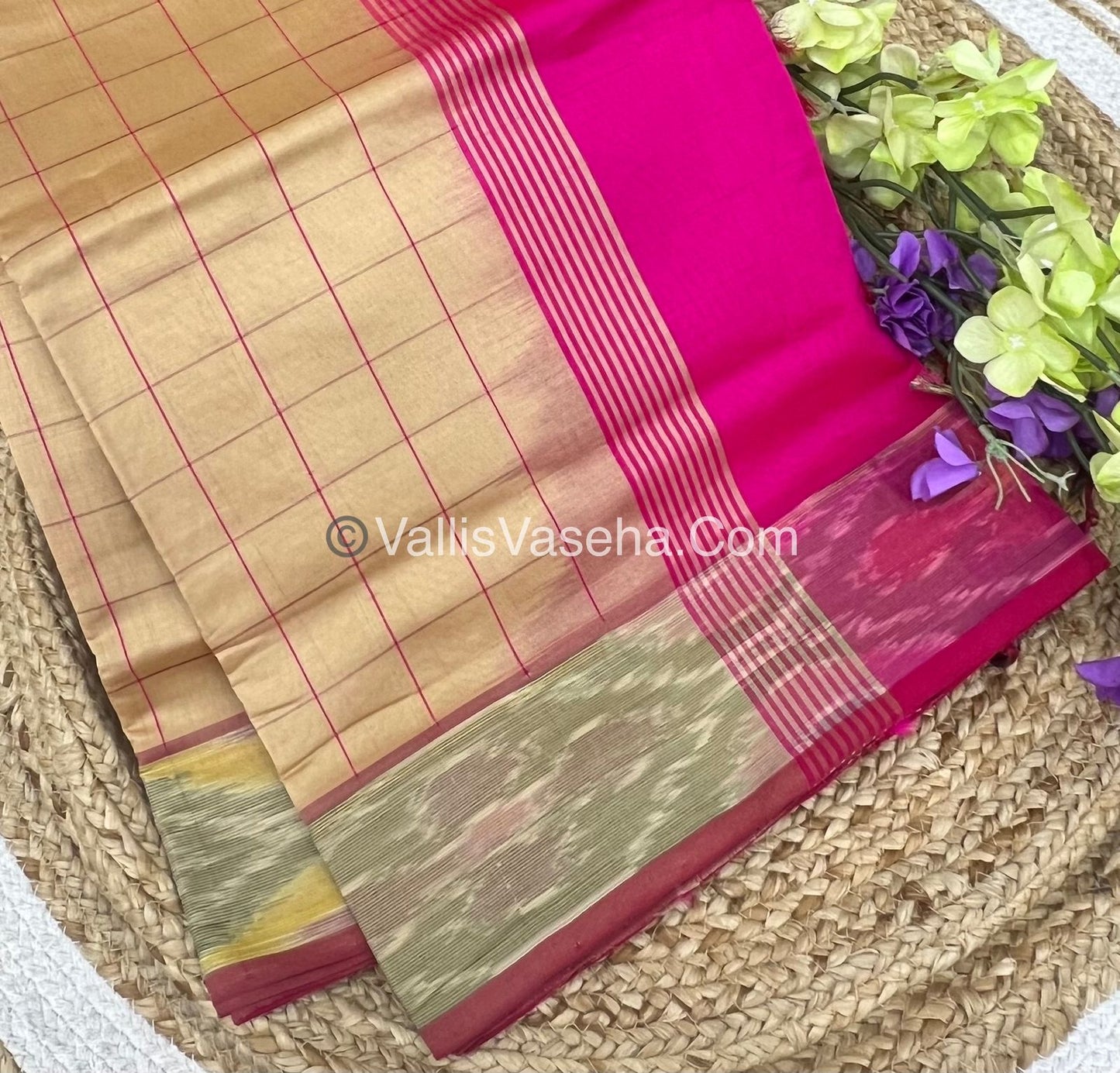Semi Silk Cotton Saree - Cream & Pink - VVSSC001