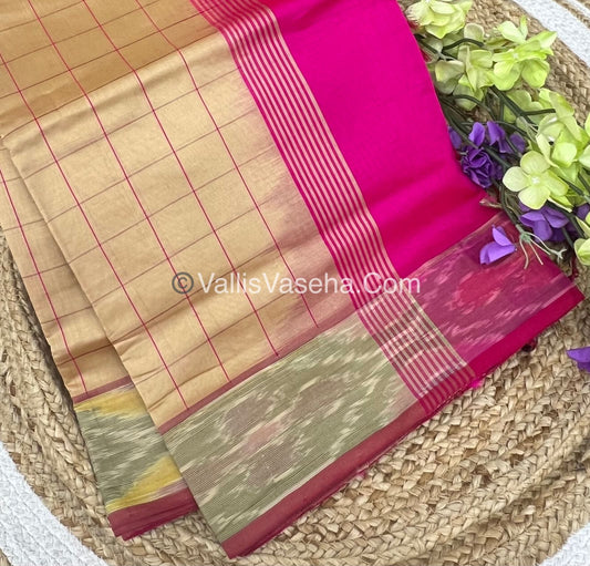 Semi Silk Cotton Saree - Cream & Pink - VVSSC001