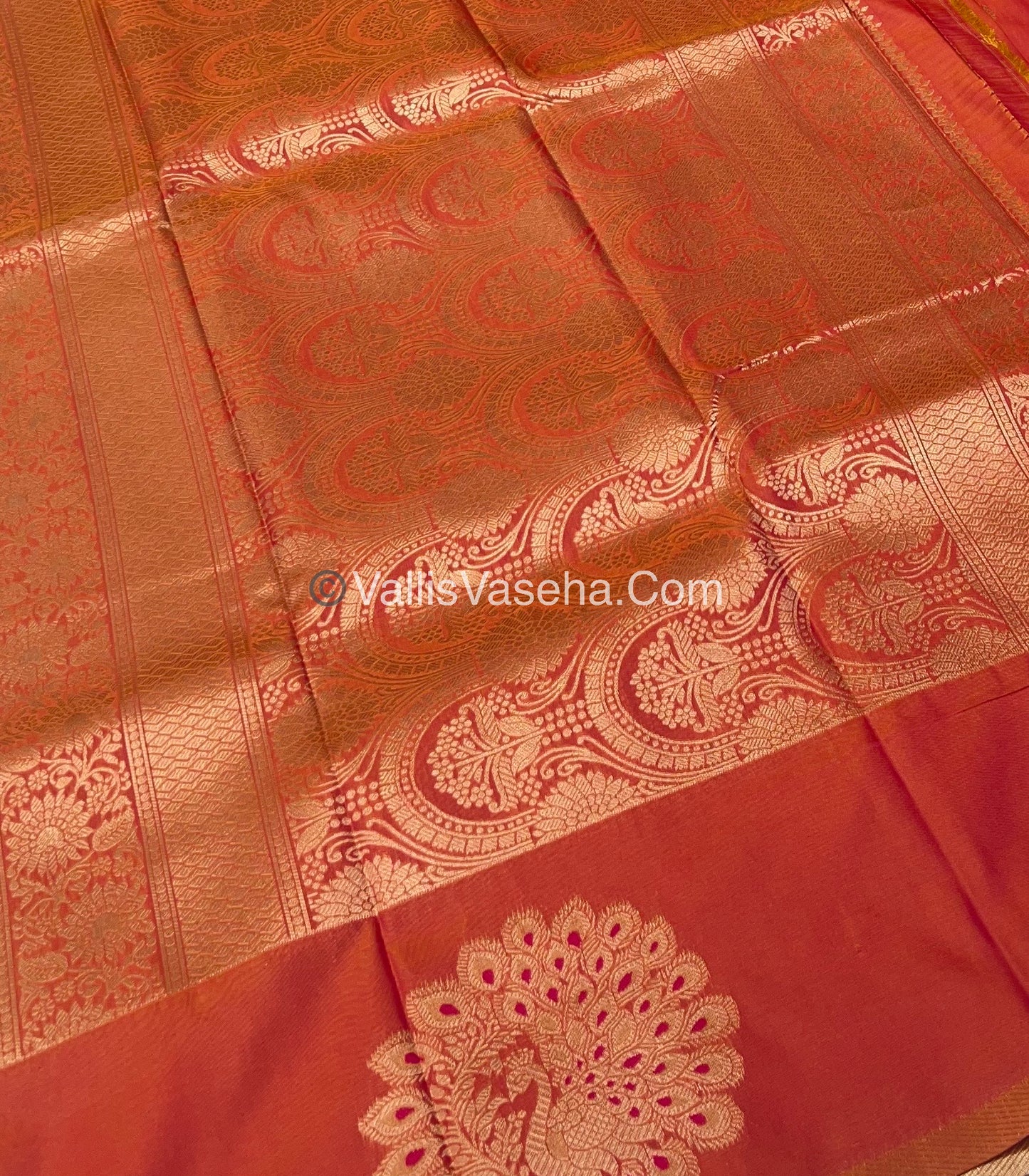 Semi Soft Silk - Peacock Butta Border - Peachish Orange Shade -VVSSS011