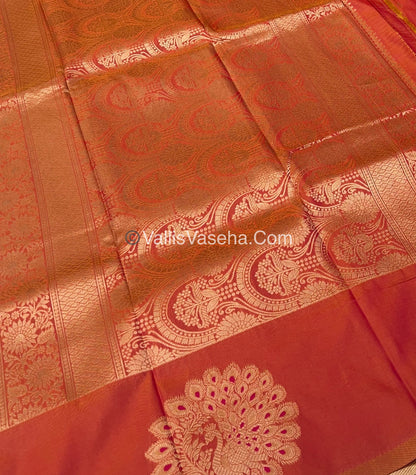 Semi Soft Silk - Peacock Butta Border - Peachish Orange Shade -VVSSS011