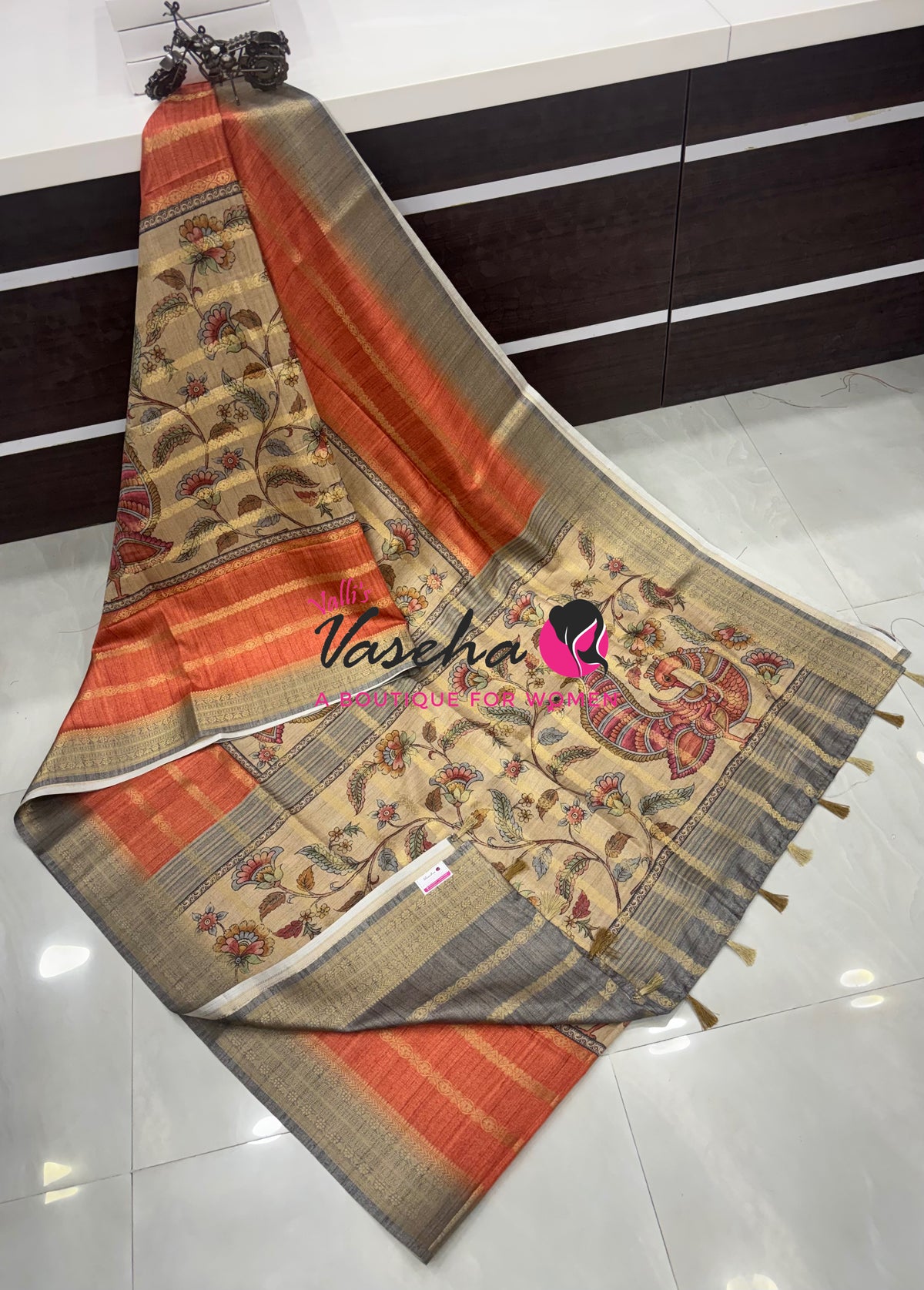 Semi Art Silk Saree - Rust Orange & Grey Shade - VVSAT003