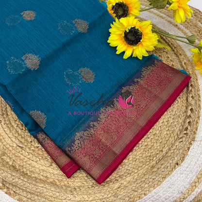 Bamboo Silk Saree- Blue with Pink Shade - VVBSS014