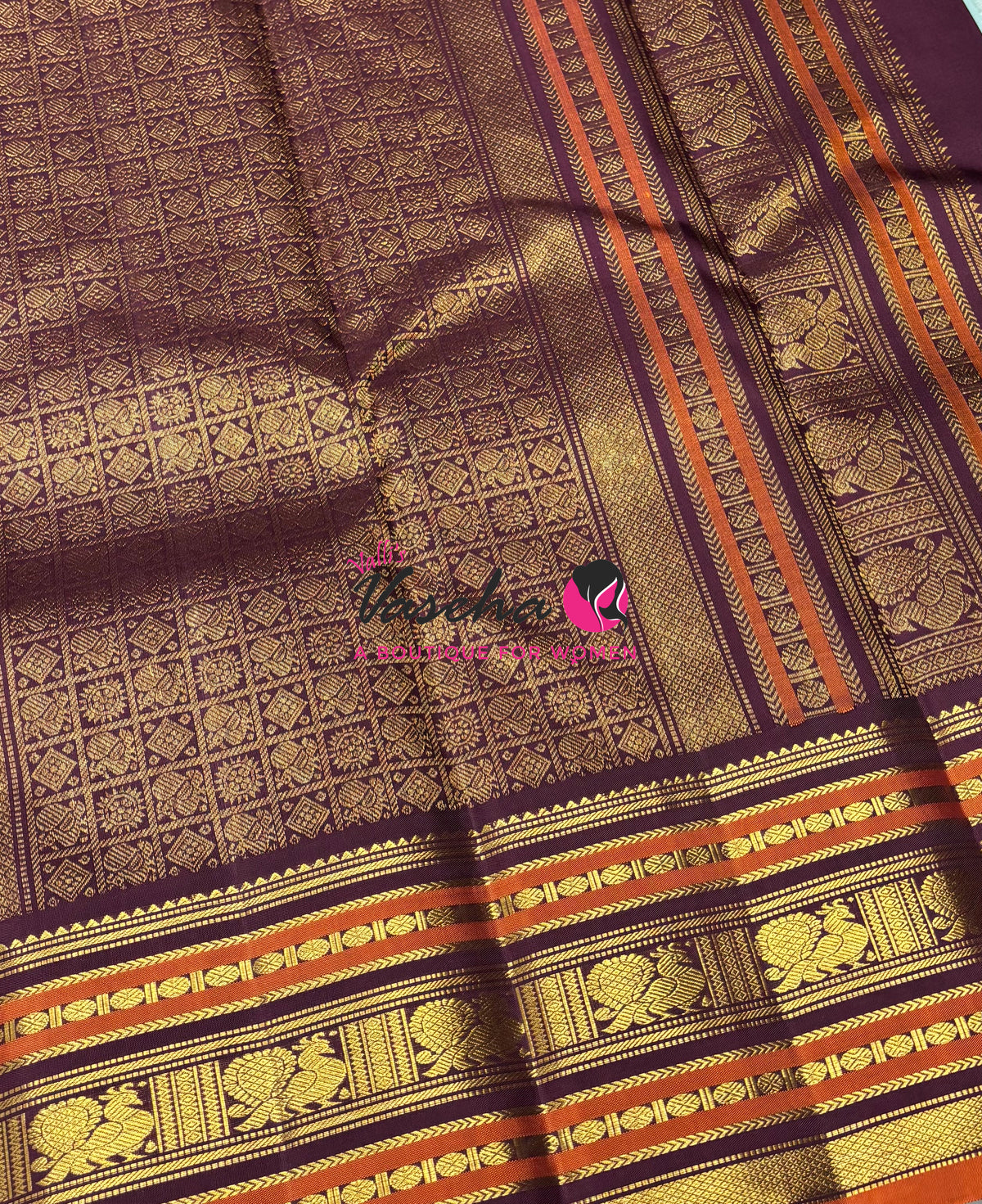 Pure Vintage Korvai Kanchipuram Silk Saree - Light Blue With Wine Brown - VVPS099