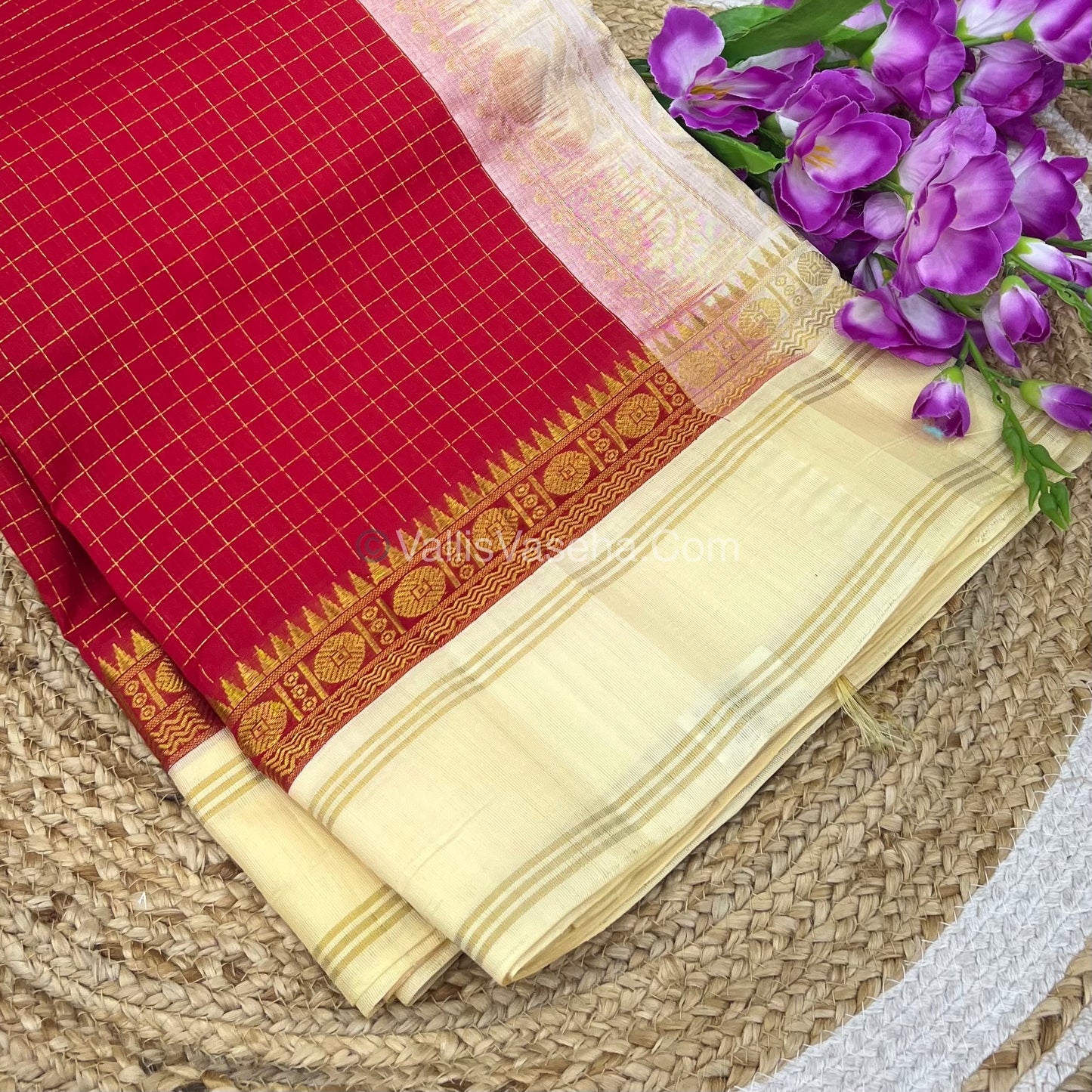 Pure Korvai Silk Cotton - Retta Petta Border - Red with Half White( Light Cream) Combo - VVKSC010