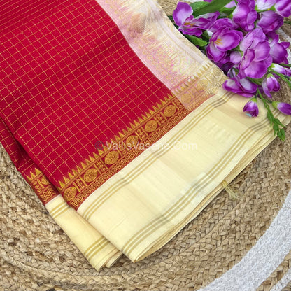Pure Korvai Silk Cotton - Retta Petta Border - Red with Half White( Light Cream) Combo - VVKSC010