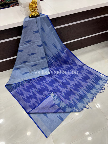 Bhagalpuri Linen Cotton Saree - Ikkat Print - Grey With Blue Shade - VVBLC001