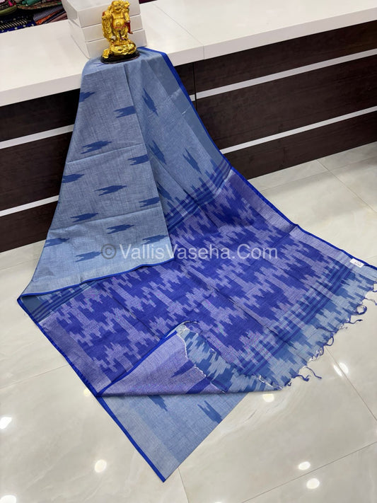 Bhagalpuri Linen Cotton Saree - Ikkat Print - Grey With Blue Shade - VVBLC001