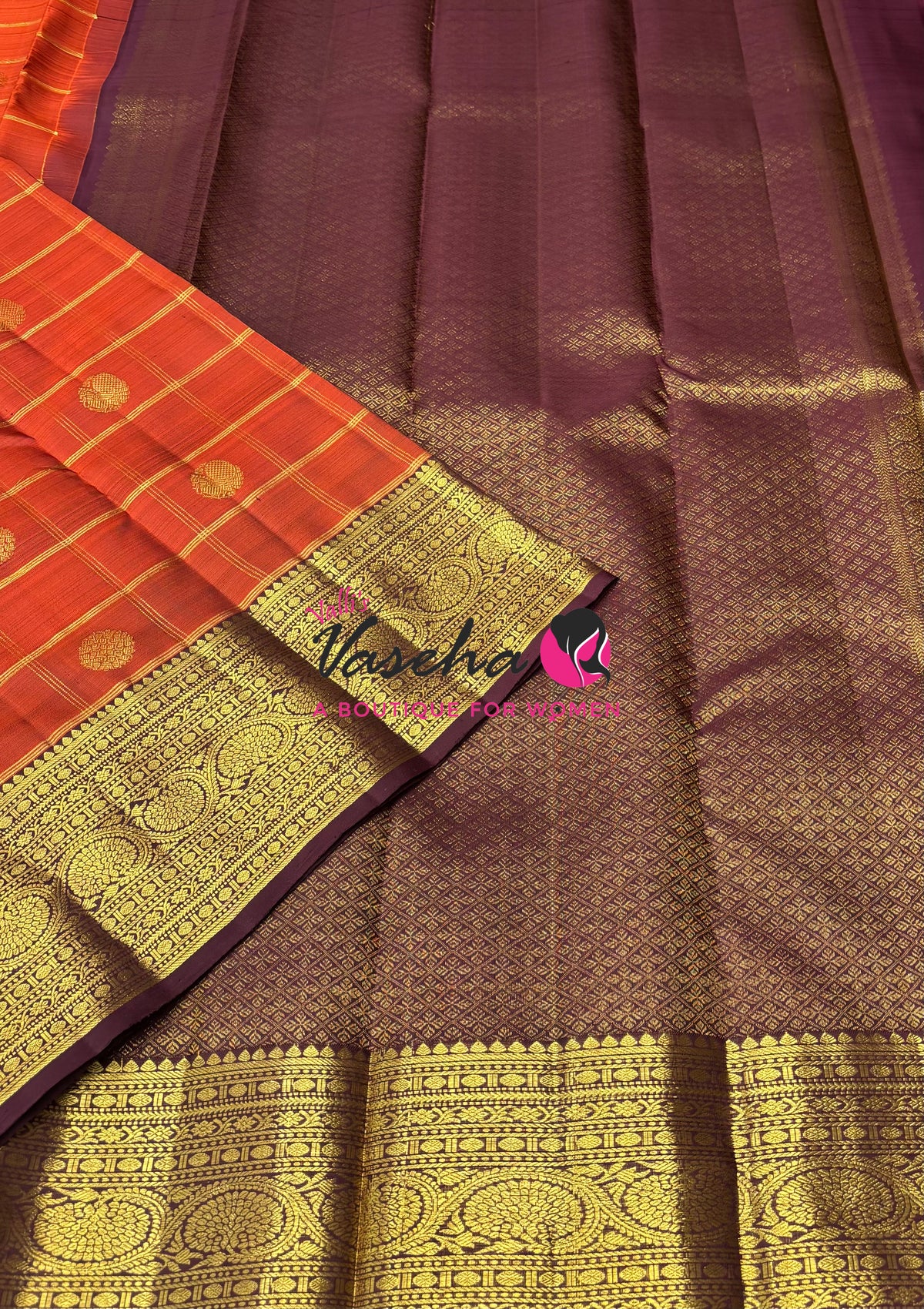 Pure Kanchipuram Silk Saree - Rust Orange  With Wine Brown - VVPS097