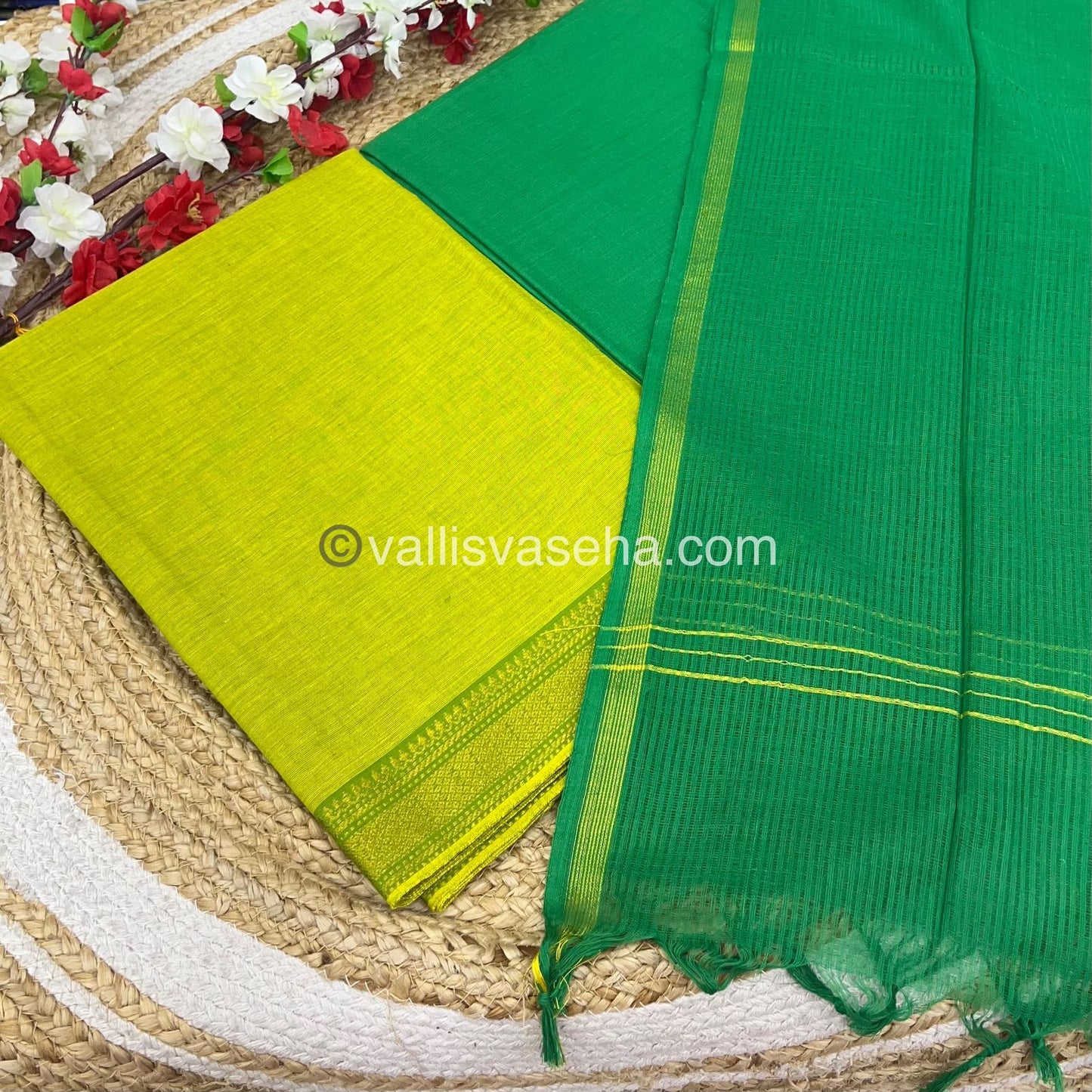 Unstitched Salwar Material - Mangalagiri Cotton - Lemon Green & Green Shade - VVUSM014