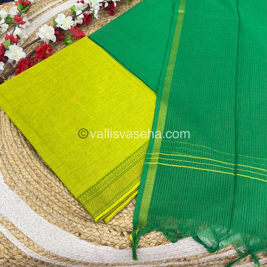 Unstitched Salwar Material - Mangalagiri Cotton - Lemon Green & Green Shade - VVUSM014