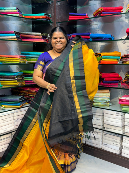 Pure Korvai Silk Cotton Saree - Yellow with Green & Black - Temple border - VVKSC002