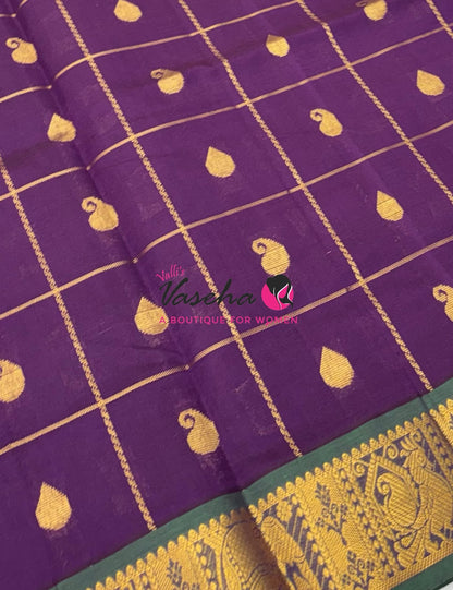 Semi Silk Cotton Saree - Checked Pattern with Butta  - VVSSC013