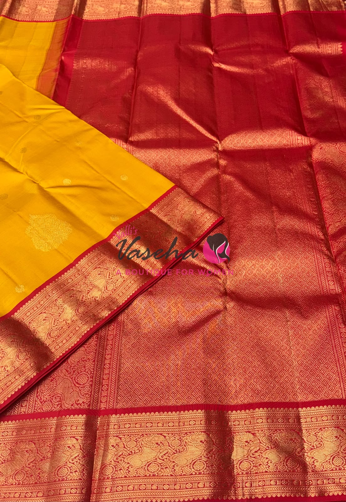 Pure Vintage Korvai Kanchipuram Silk Saree - Yellow & Red Combo - VVPS046