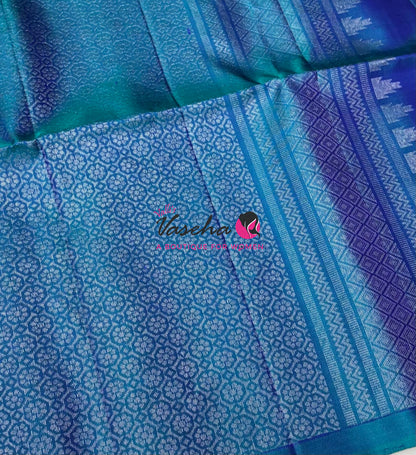 Pure Soft Silk Saree - Border Less  - Sea Green With Peacock Blue Combo - VVPSS068