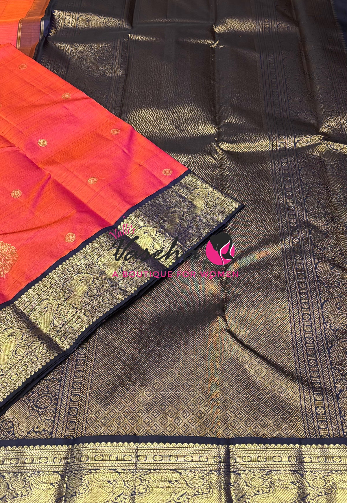 Pure Vintage Korvai Kanchipuram Silk Saree - Orangish Peach With Blue - VVPS102