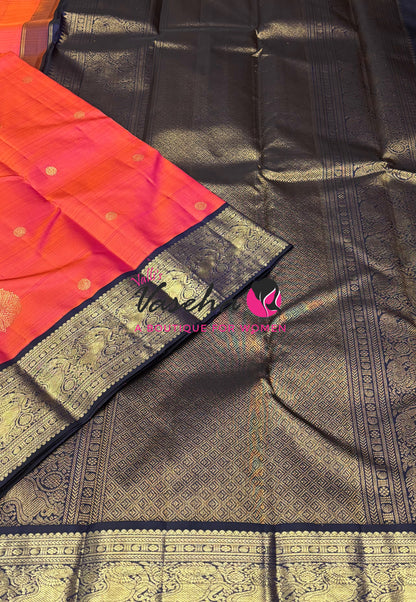 Pure Vintage Korvai Kanchipuram Silk Saree - Orangish Peach With Blue - VVPS102