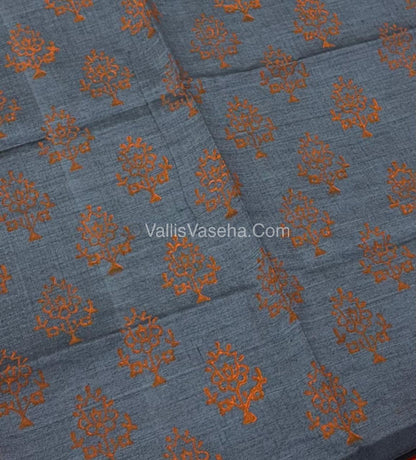 Poly Silk Mixed Cotton - Mirror Work Embroidery - Orange with Grey  - VVPCM001