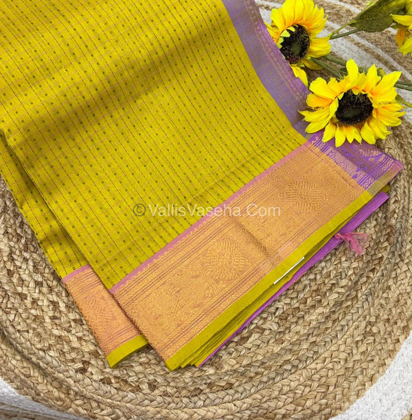 Pure Silk Cotton Saree - Yellow With Lavender - Lakshadeepam Design - VVPLD001