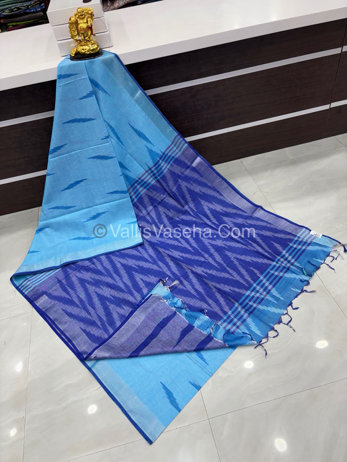 Bhagalpuri Linen Cotton Saree - Ikkat Print - Blue With Blue  Shade - VVBLC002