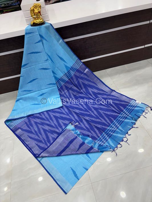 Bhagalpuri Linen Cotton Saree - Ikkat Print - Blue With Blue  Shade - VVBLC002
