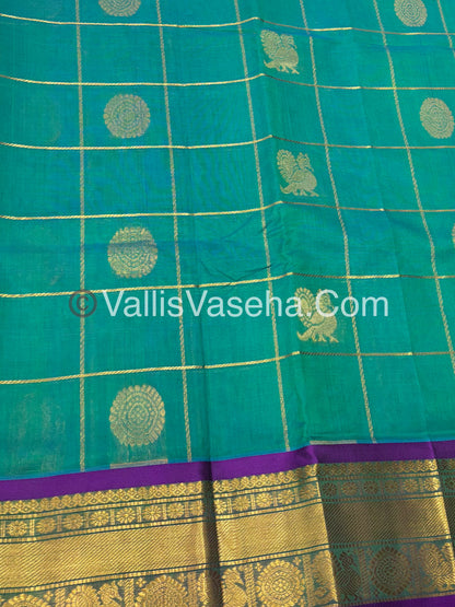 Pure Silk Cotton Saree - Mayil & Chakkaram Design - Double Tone Greenish Blue With Purple Shade - VVMC001
