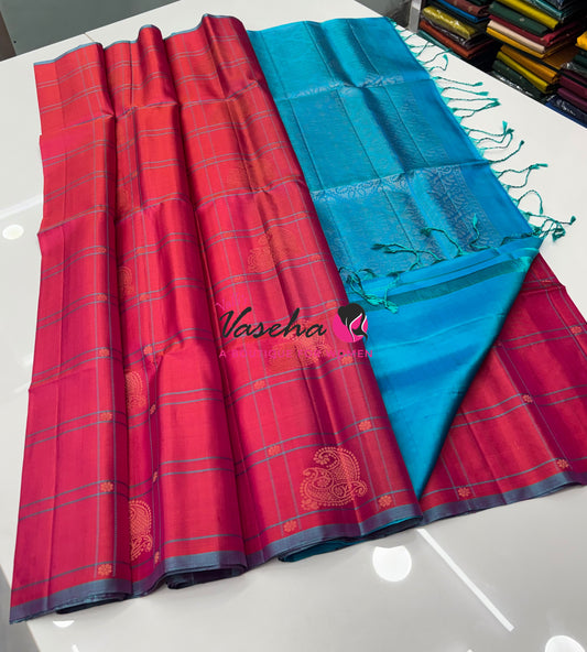 Pure Soft Silk Saree - Peachish Pink & Blue Combo - VVPSS114