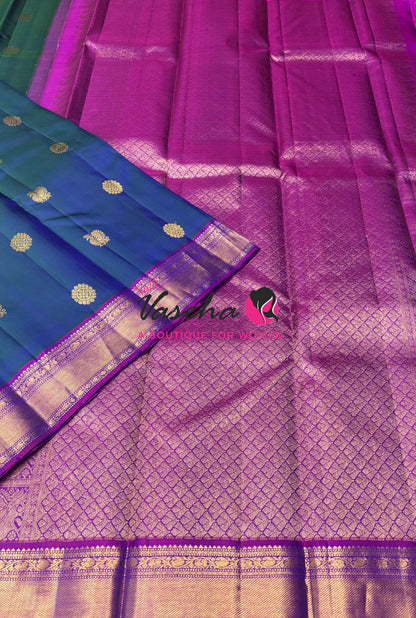 Pure Kanchipuram Silk Saree - Peacock Blue & Purple Combo - VVPS025