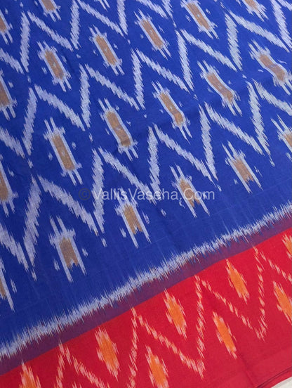 Double Ikkat Pure Cotton Saree - Blue With Red - VVIKS002