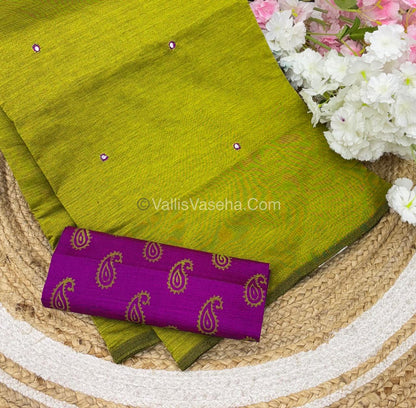 Poly Silk Mixed Cotton - Mirror Work Embroidery - Green with Pink - VVPCM001
