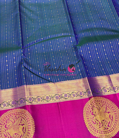 Pure Kanchipuram Silk Saree - Vairavoosi Design  - Peacock Blue & Purplish Pink - VVPS059