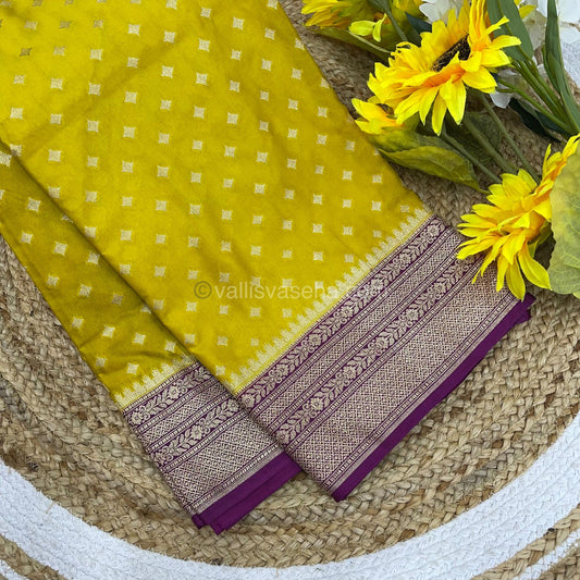 Banarasi - Premium Kathan Silk Saree - Yellow with Purple - VVPKS002