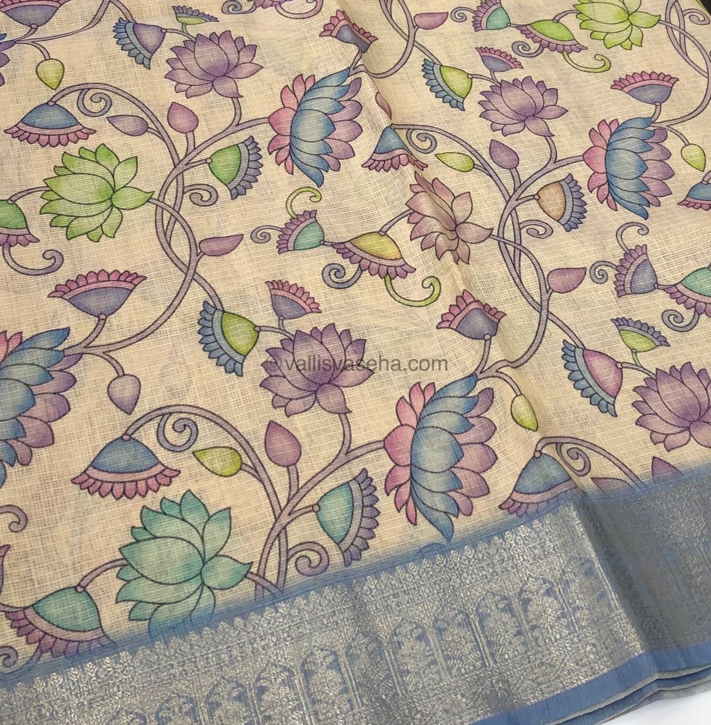 Semi Zari Kota Tissue - Kalamkari design - Greyish Blue Shade - VVKT001