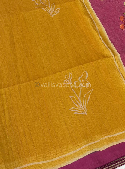 Semi Tussar Saree - Yellow with Purplish Pink Combo -  VVSTS003