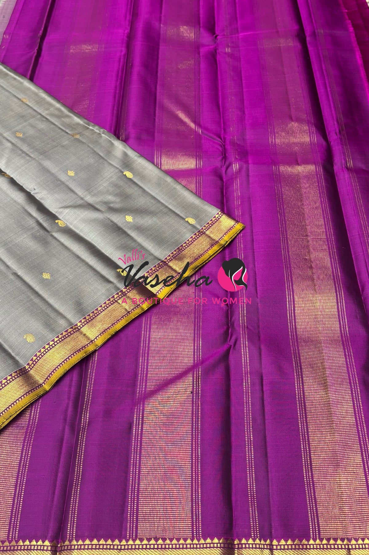 Pure Kanchipuram Silk Saree - Grey with Purple - VVPS031