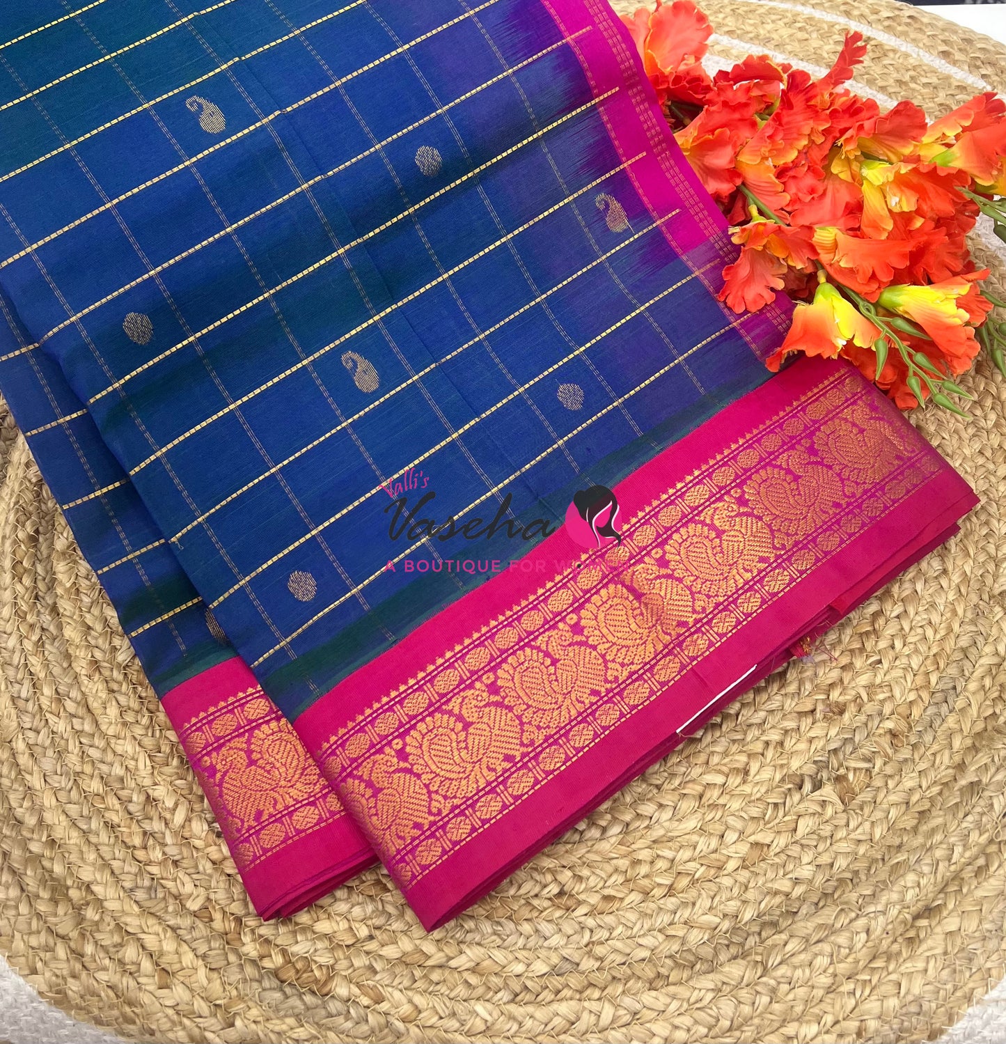 Pure Korvai Silk Cotton - Checks Pattern - Peacock Blue with Pink Shade  - VVKSC015