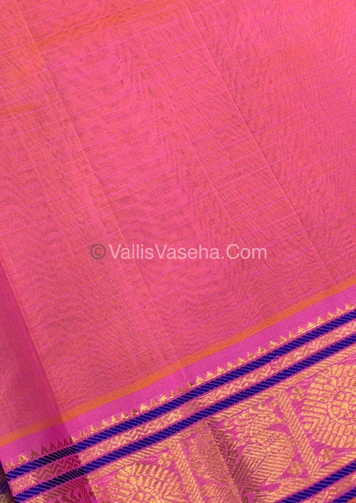 Pure Silk Cotton Saree - Navy Blue￼With Peachish Pink Shade - Lakshadeepam Design - VVPLD001