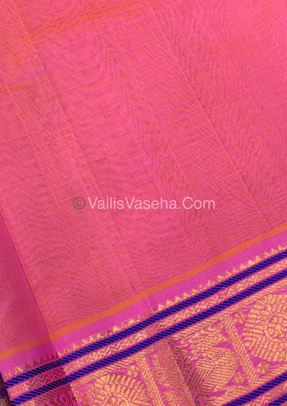 Pure Silk Cotton Saree - Navy Blue￼With Peachish Pink Shade - Lakshadeepam Design - VVPLD001