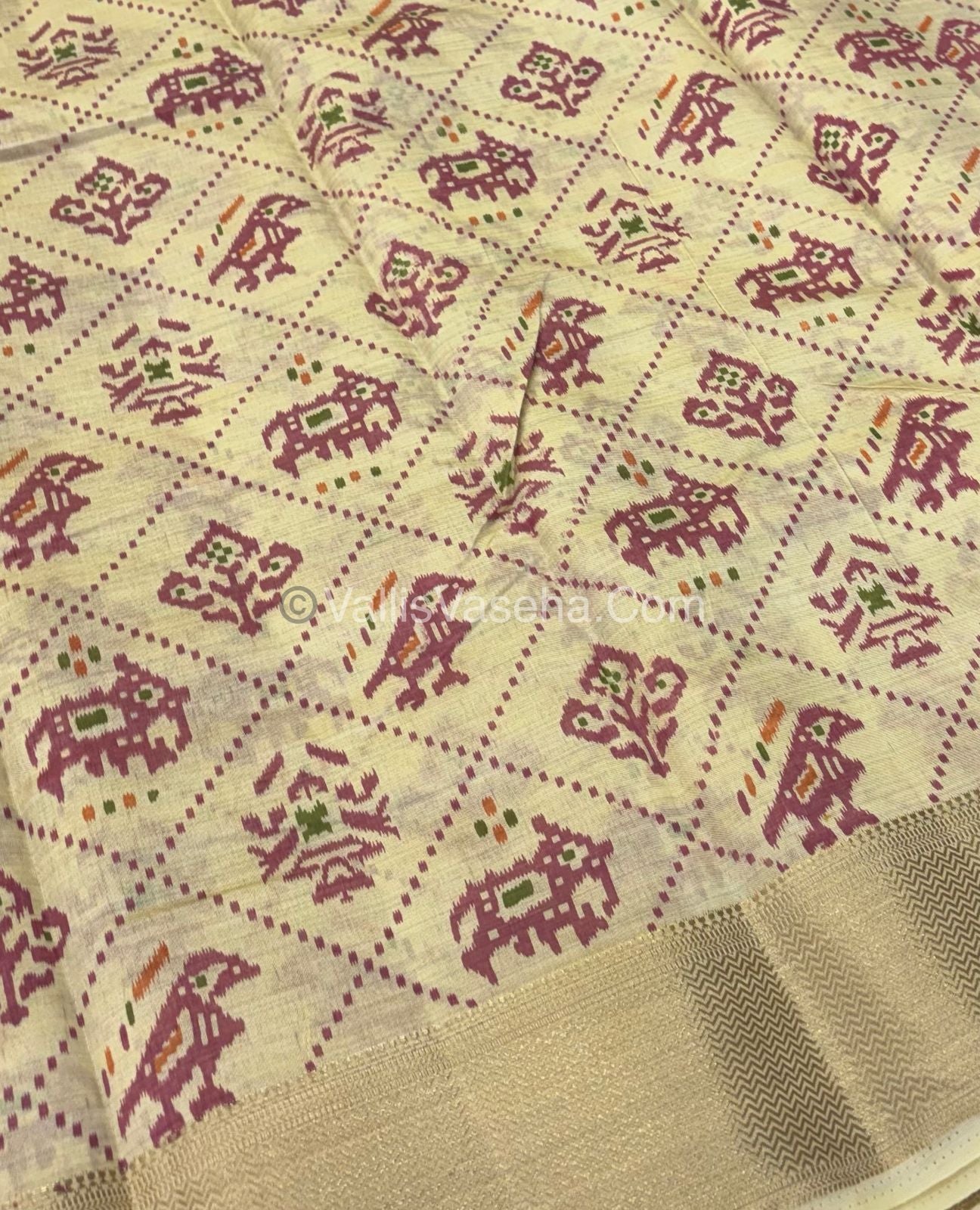 Semi Tussar Silk Saree - Ikkat / Pochampally Design - Cream Shade - VVSTS034
