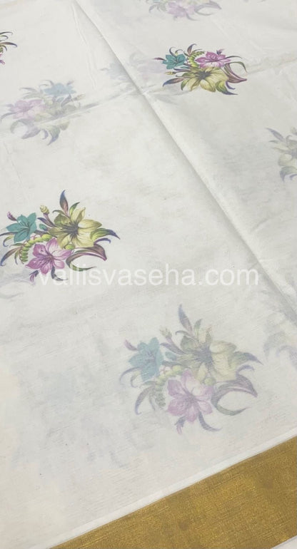 Kerala Cotton Saree - Cream With Golden Border - VVKCS001