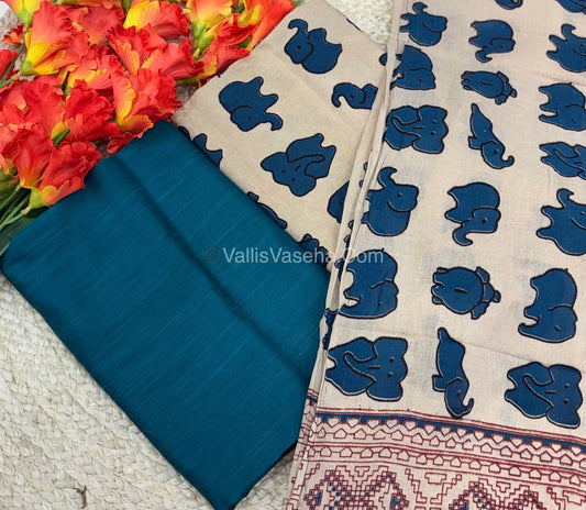 Unstitched Salwar Material -Kalamkari & Raw Silk - Blue Shade  - VVUSM018