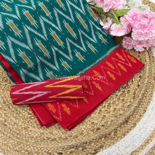 Double Ikkat Pure Cotton Saree - Green With Red  - VVIKS002