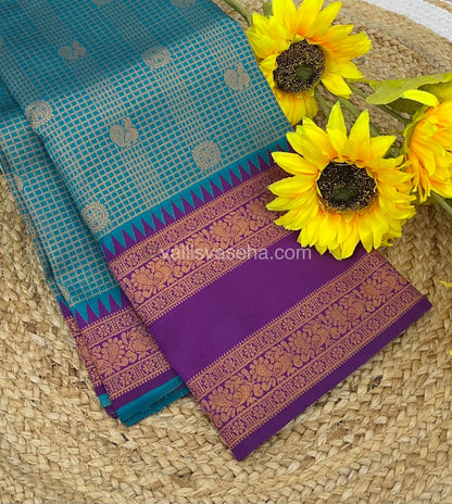 Kanchi Semi Silk - Blue with Purple - Mayil & Chakkaram design - VVKSS001